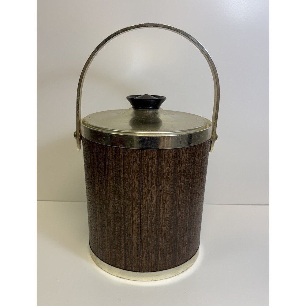 Vintage Kromex Ice Bucket Woodgrain/ Metal Lid & Carry Handle
